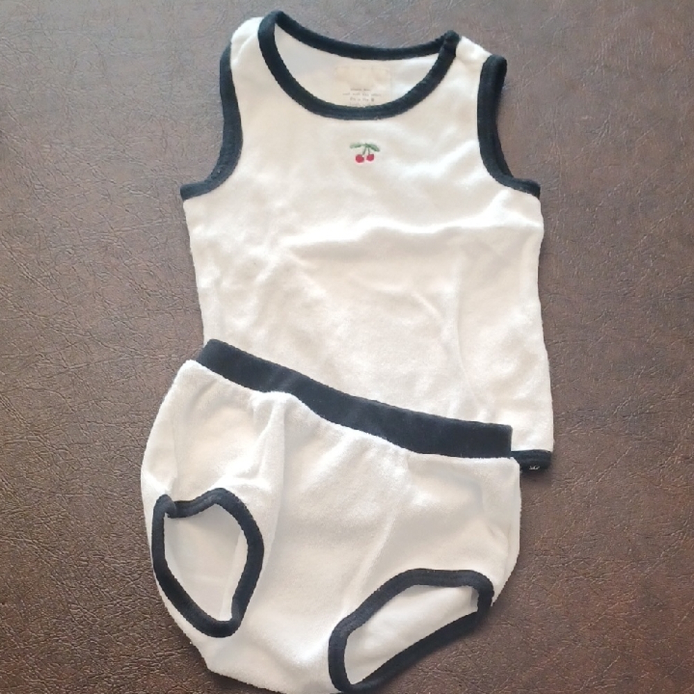 Baby Tank And Bloomer Set, Terry, White And Black, Emroidered Cherry, 9m